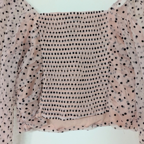 🟡 7. Cotton Linen Blend Soft Pink Polka Dot  Crop Top Sheer Sleeves - Picture 4 of 9